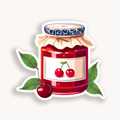 Sticker of a jar of red jam with cherry design on a white background.