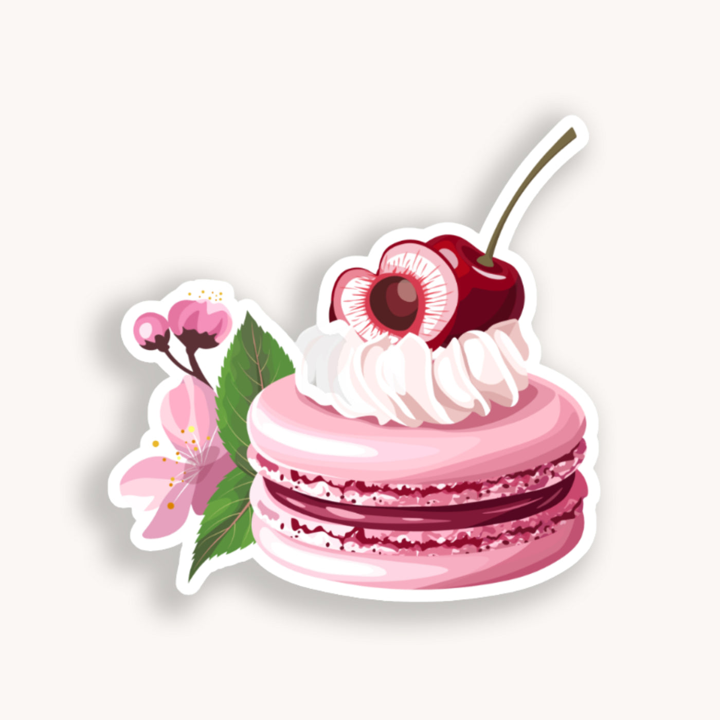 Sticker of a pink macaron with whipped cream and a cherry on top, surrounded by cherry blossoms.