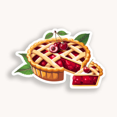 Illustration of a cherry pie with a slice cut out on a white background.