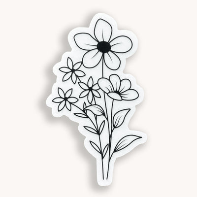 Line drawn bouquet of flowers clear vinyl sticker comes with a solid white backing by Simpliday Paper.