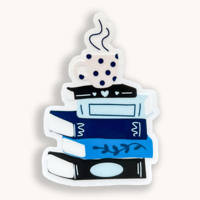 Stack of books in blues clear vinyl waterproof sticker by Simpliday Paper.