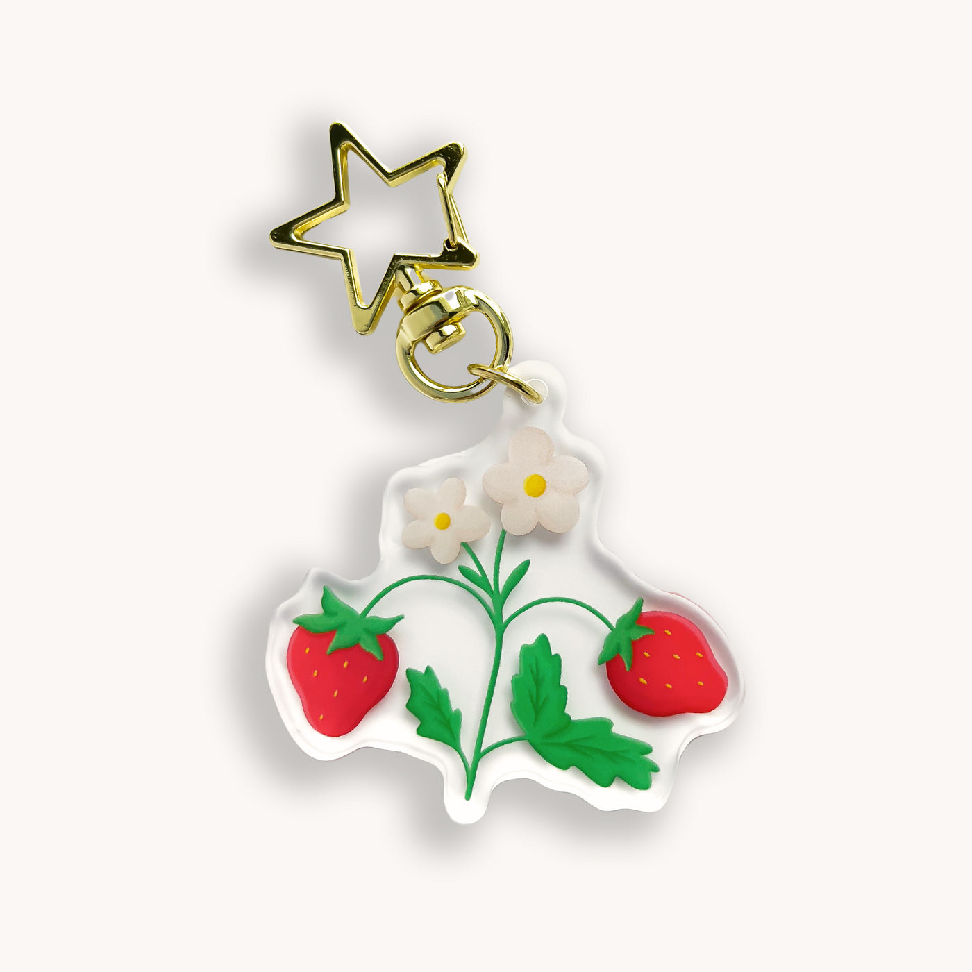 Strawberries acrylic keychain. Double-sided, backside is the same design, but reversed.