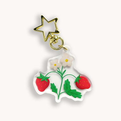 Strawberries acrylic keychain. Double-sided, backside is the same design, but reversed.
