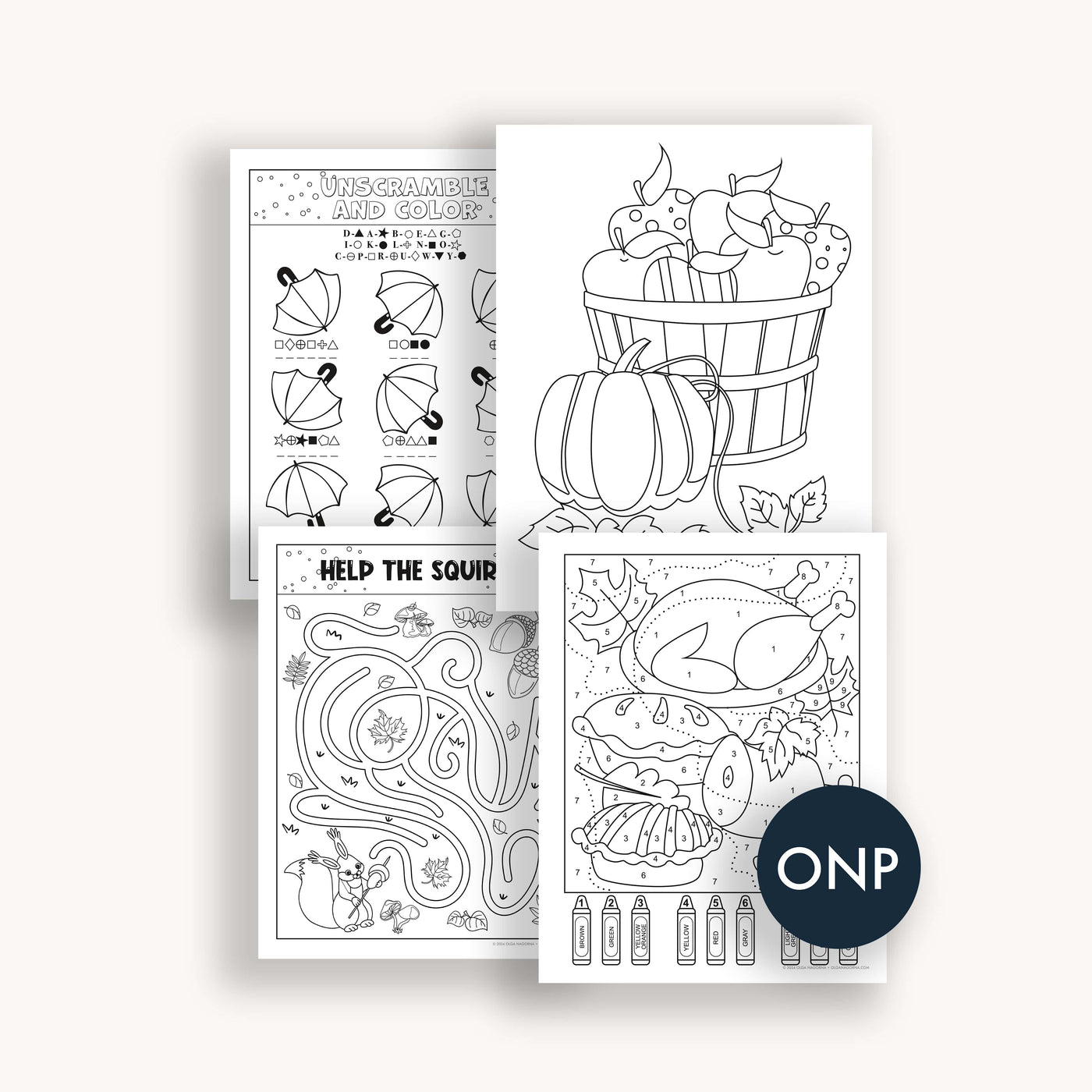 Basket with apples and pumpkin for fall coloring page by Simpliday Paper.