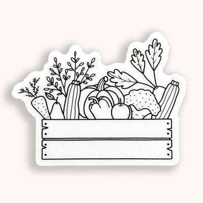 Line drawn vegetable cart clear vinyl sticker comes with a solid white backing by Simpliday Paper, Olga Nagorna.