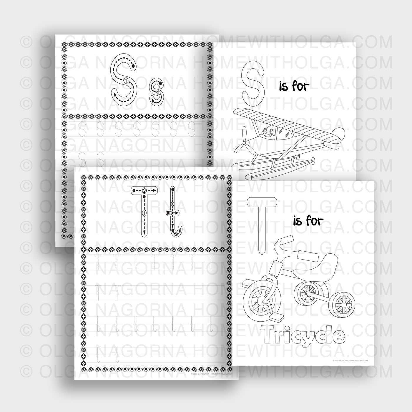 A set of full English alphabet tracing. Each letter comes with a coloring page that goes with each letter.