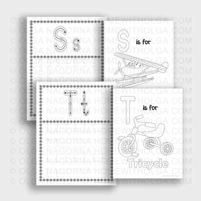 A set of full English alphabet tracing. Each letter comes with a coloring page that goes with each letter.