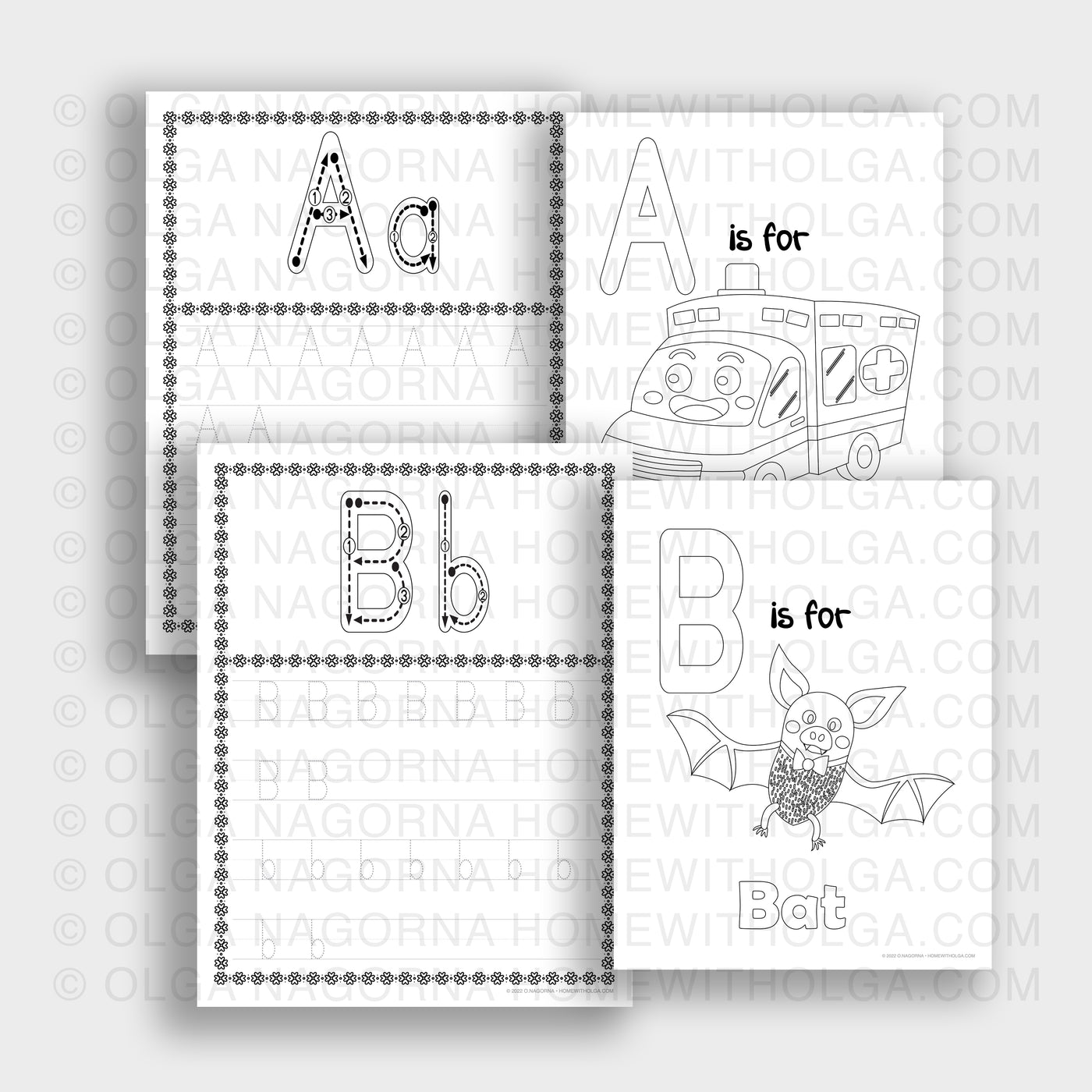 A set of full English alphabet tracing. Each letter comes with a coloring page that goes with each letter.