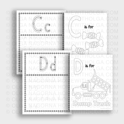 A set of full English alphabet tracing. Each letter comes with a coloring page that goes with each letter.