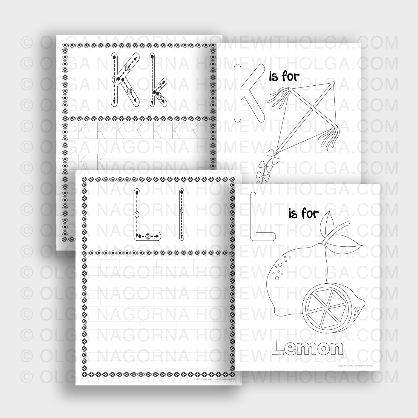 A set of full English alphabet tracing. Each letter comes with a coloring page that goes with each letter.