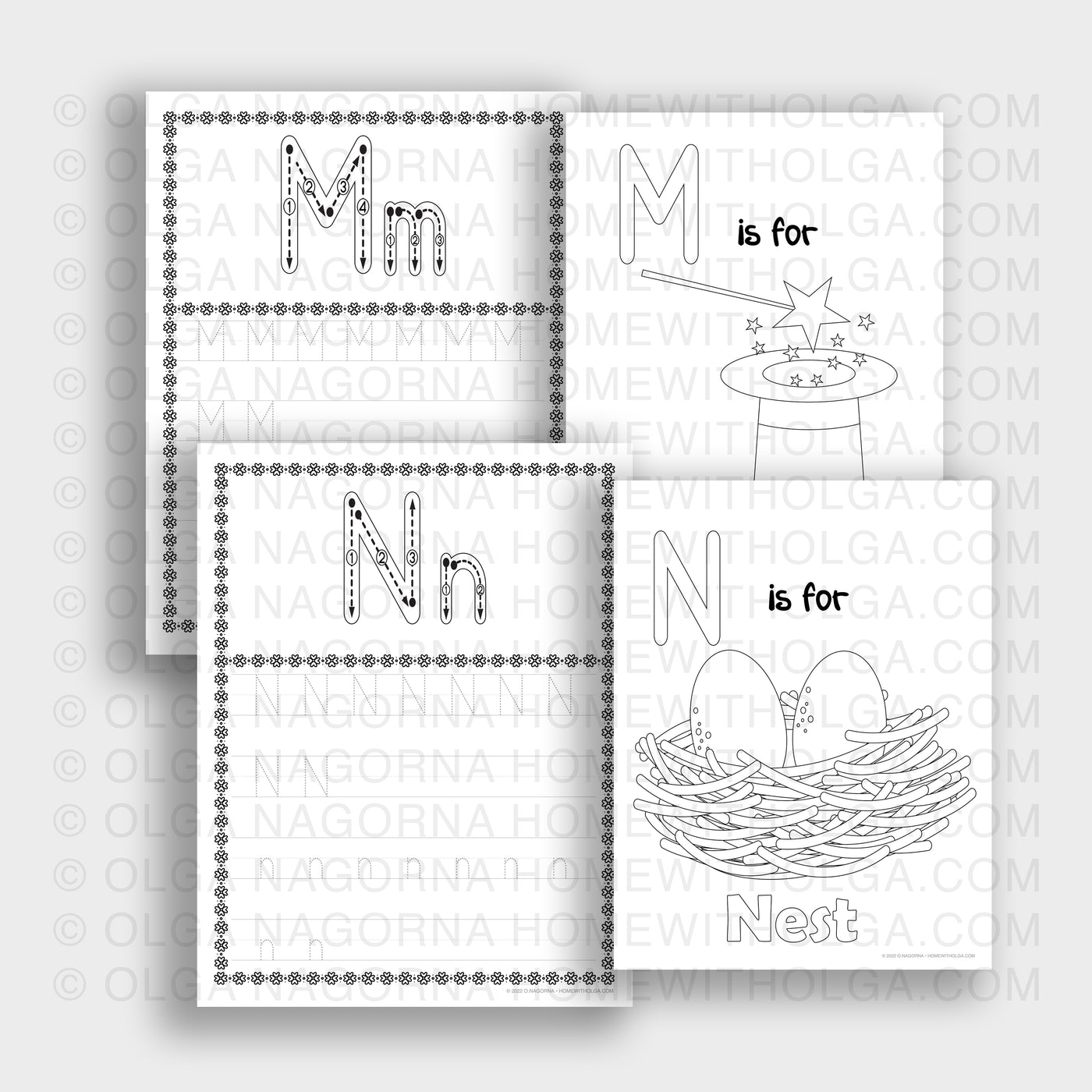 A set of full English alphabet tracing. Each letter comes with a coloring page that goes with each letter.